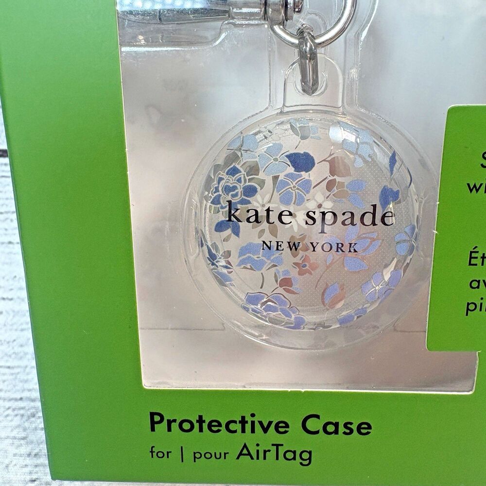 Kate Spade Case for Apple Airtag Blue White Floral Silver Clip Gift NEW